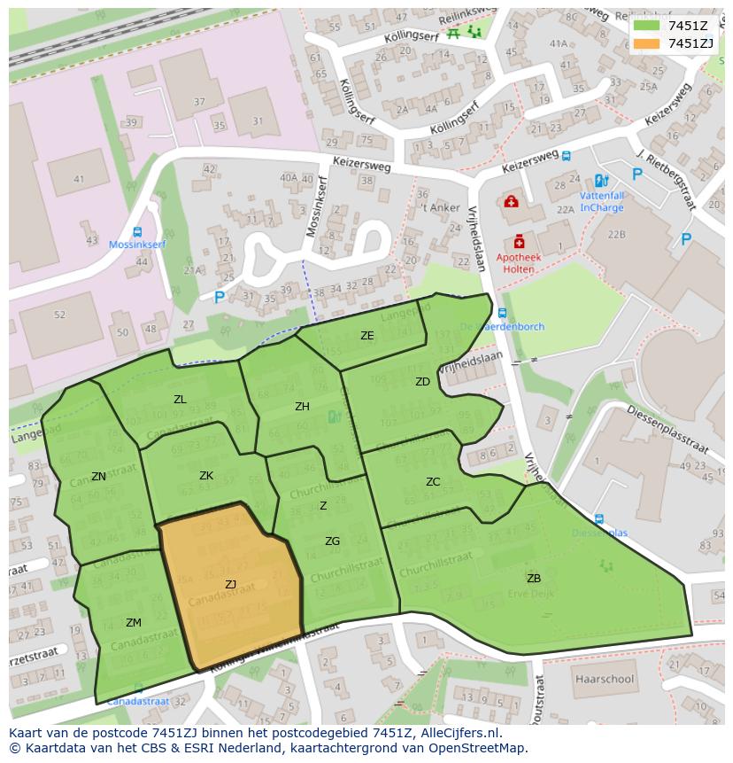 Afbeelding van het postcodegebied 7451 ZJ op de kaart.