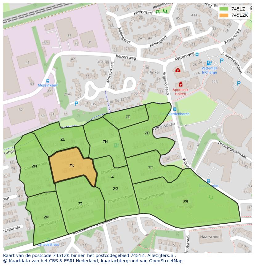 Afbeelding van het postcodegebied 7451 ZK op de kaart.