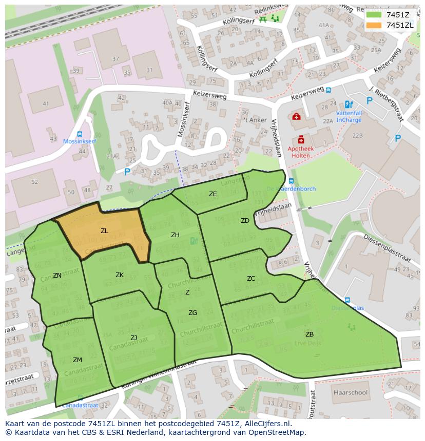 Afbeelding van het postcodegebied 7451 ZL op de kaart.