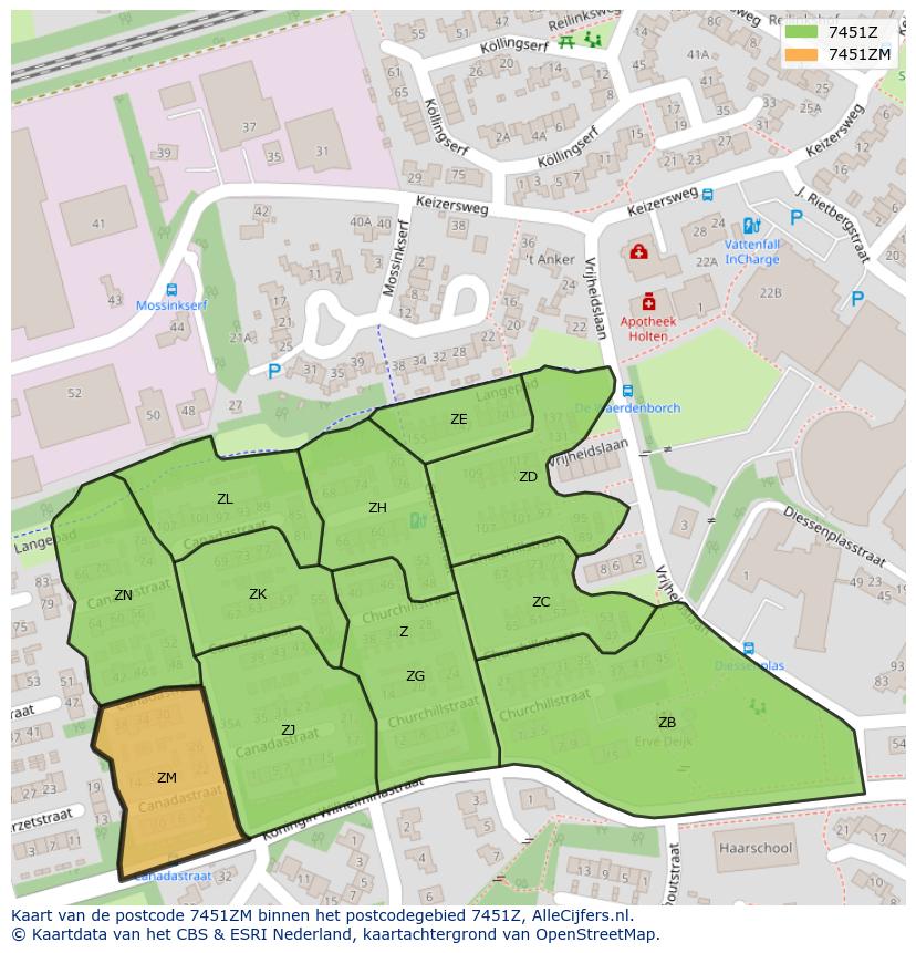 Afbeelding van het postcodegebied 7451 ZM op de kaart.