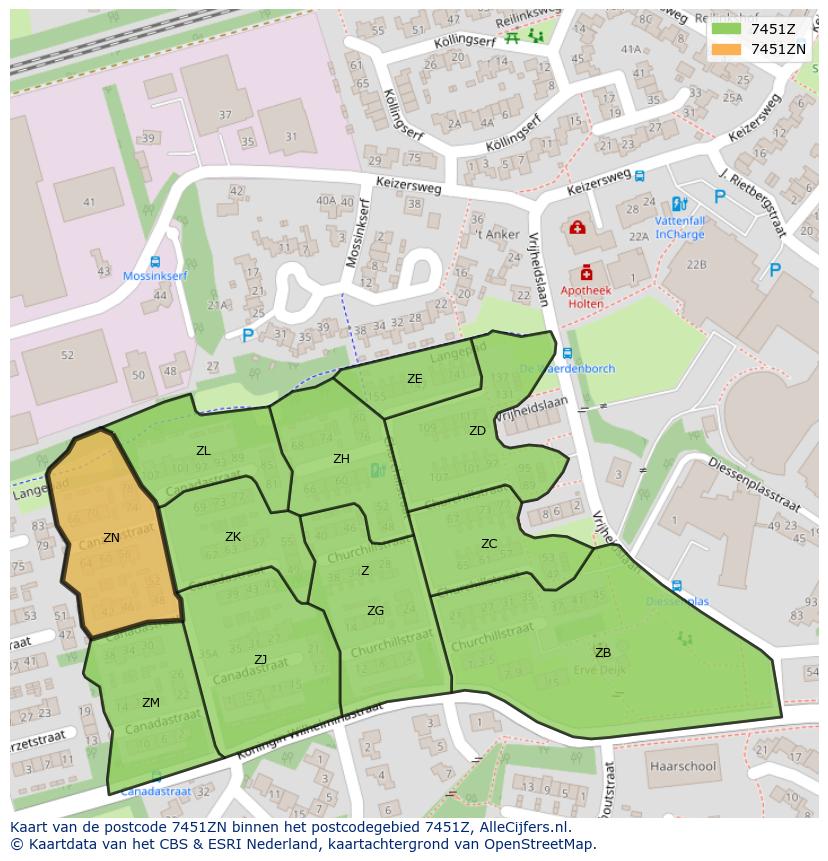 Afbeelding van het postcodegebied 7451 ZN op de kaart.
