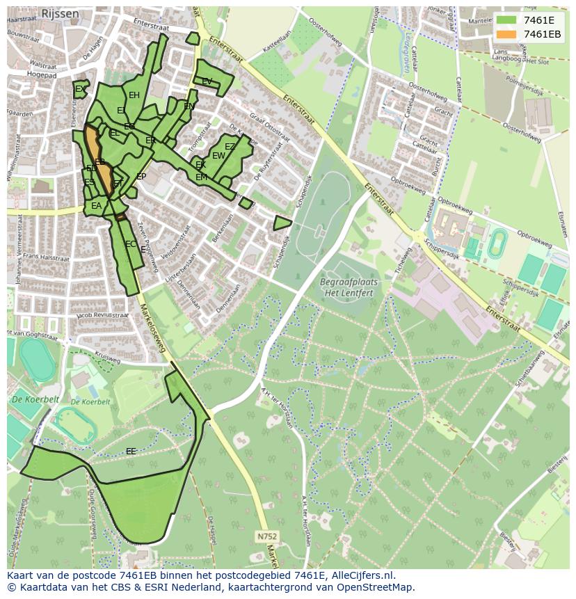 Afbeelding van het postcodegebied 7461 EB op de kaart.