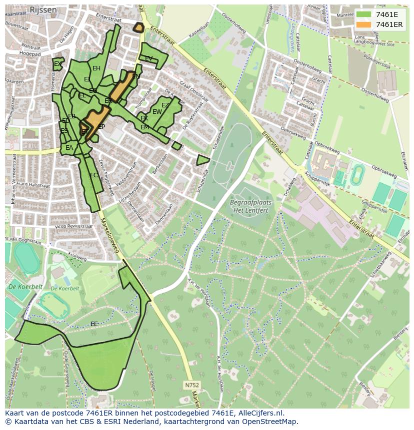 Afbeelding van het postcodegebied 7461 ER op de kaart.