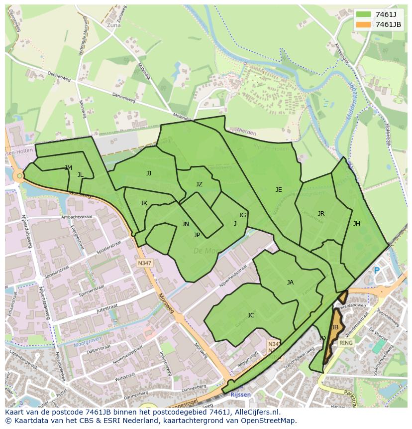 Afbeelding van het postcodegebied 7461 JB op de kaart.