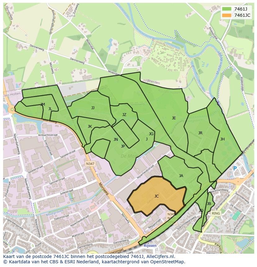 Afbeelding van het postcodegebied 7461 JC op de kaart.