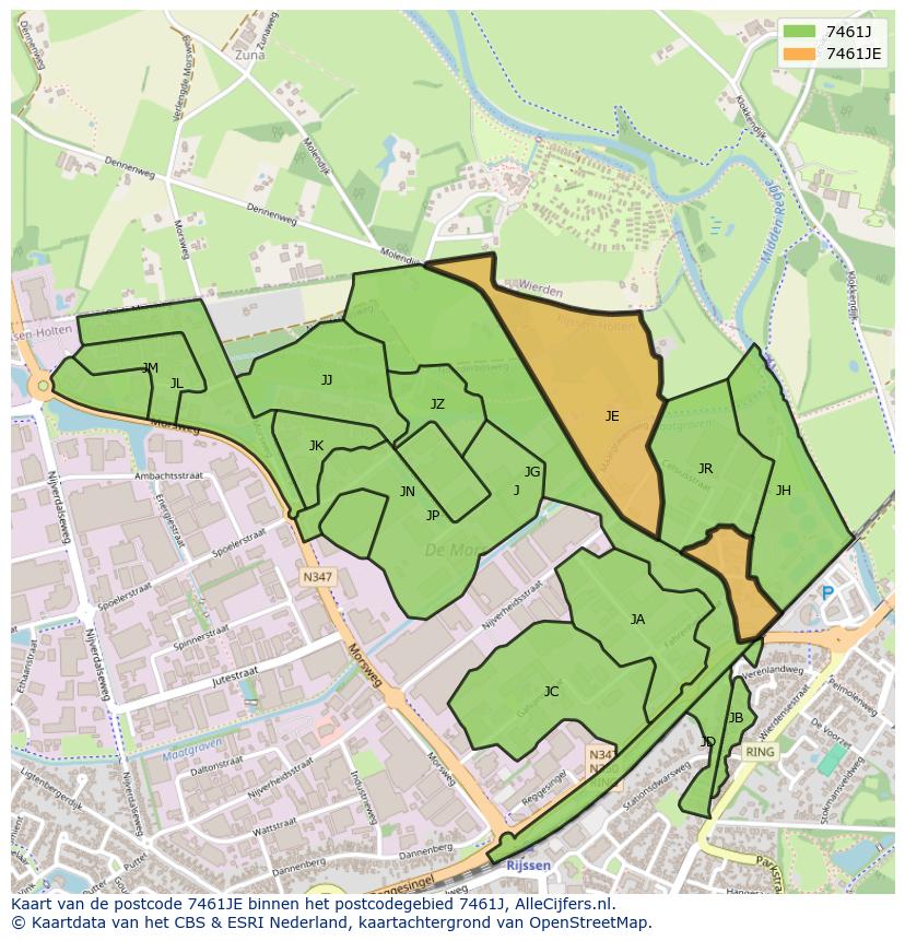 Afbeelding van het postcodegebied 7461 JE op de kaart.
