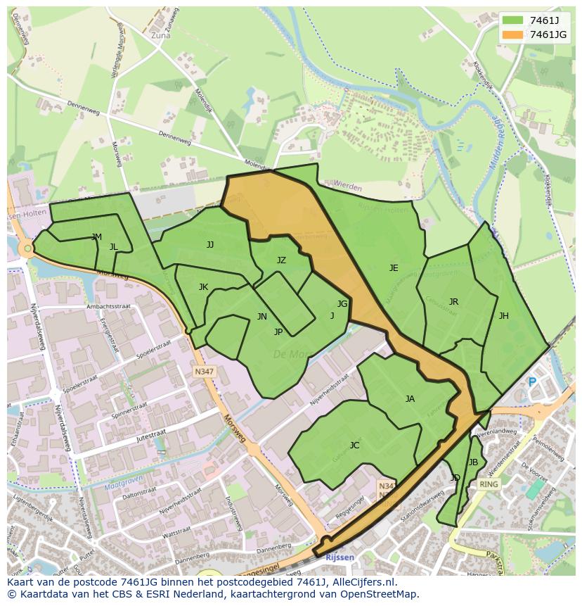 Afbeelding van het postcodegebied 7461 JG op de kaart.