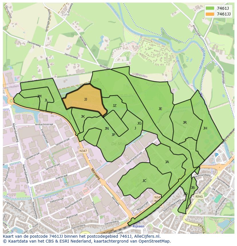 Afbeelding van het postcodegebied 7461 JJ op de kaart.