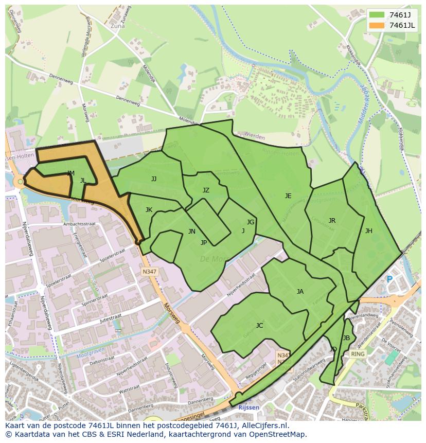 Afbeelding van het postcodegebied 7461 JL op de kaart.