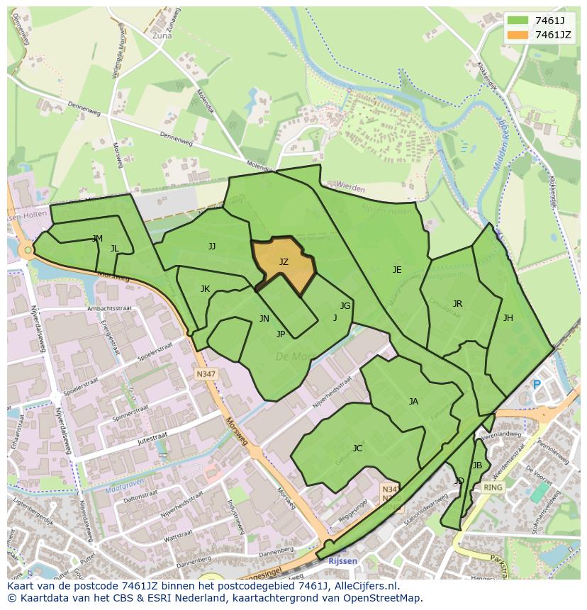 Afbeelding van het postcodegebied 7461 JZ op de kaart.