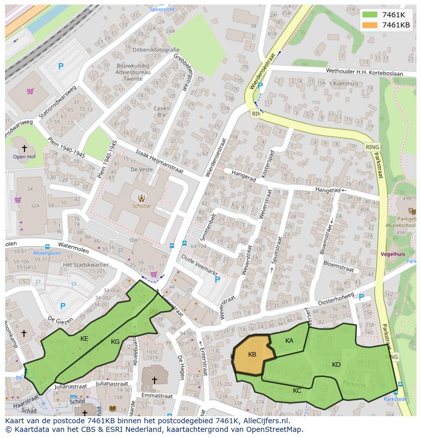 Afbeelding van het postcodegebied 7461 KB op de kaart.