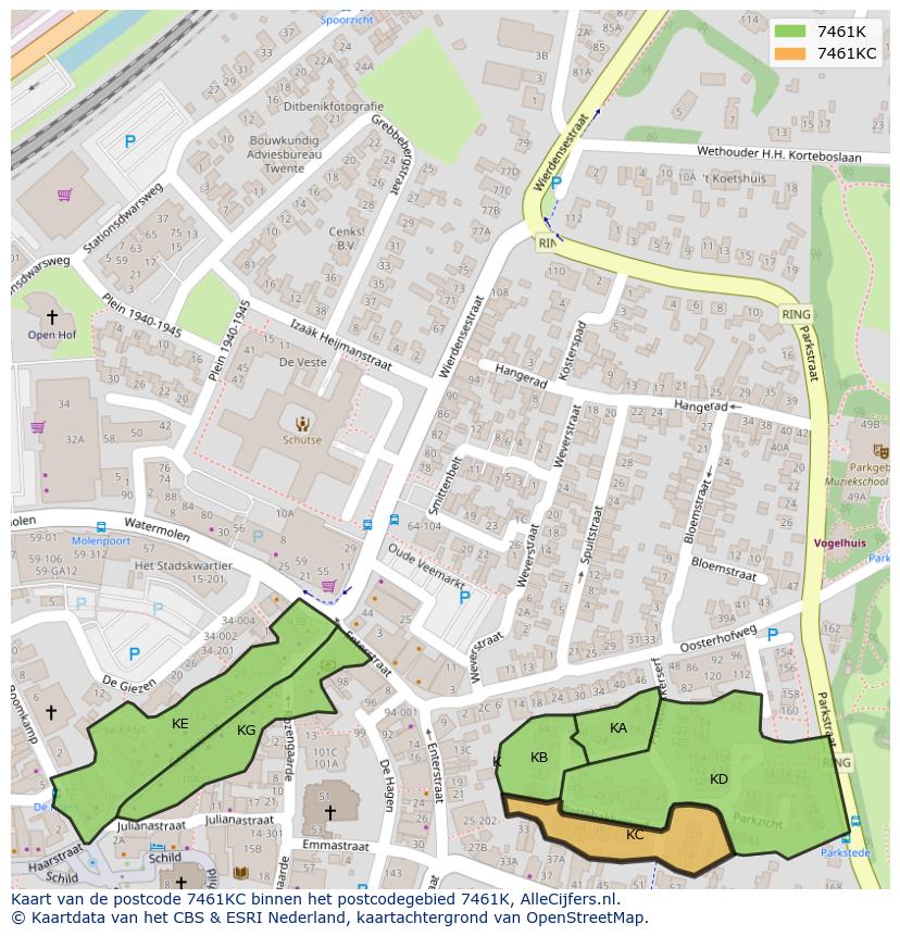 Afbeelding van het postcodegebied 7461 KC op de kaart.