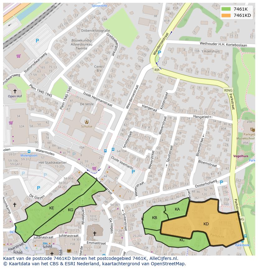 Afbeelding van het postcodegebied 7461 KD op de kaart.