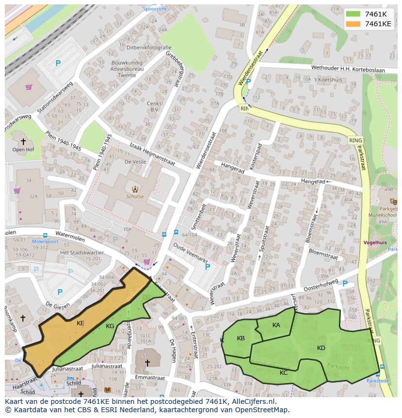 Afbeelding van het postcodegebied 7461 KE op de kaart.