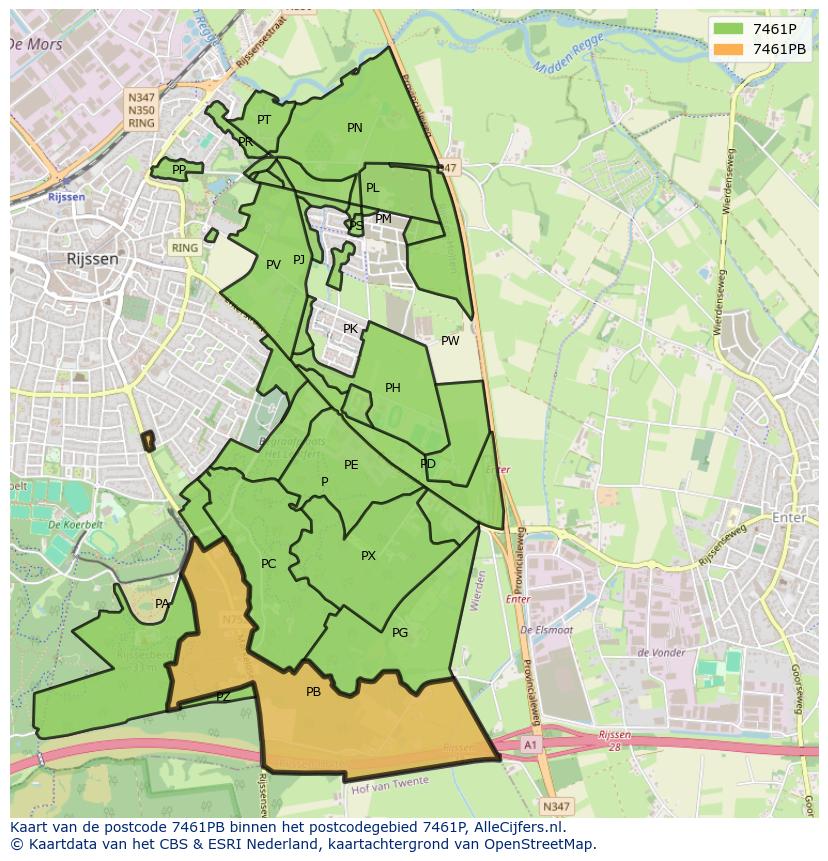Afbeelding van het postcodegebied 7461 PB op de kaart.