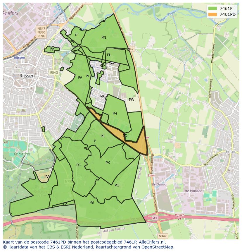 Afbeelding van het postcodegebied 7461 PD op de kaart.