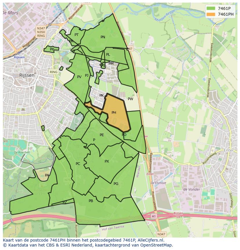 Afbeelding van het postcodegebied 7461 PH op de kaart.