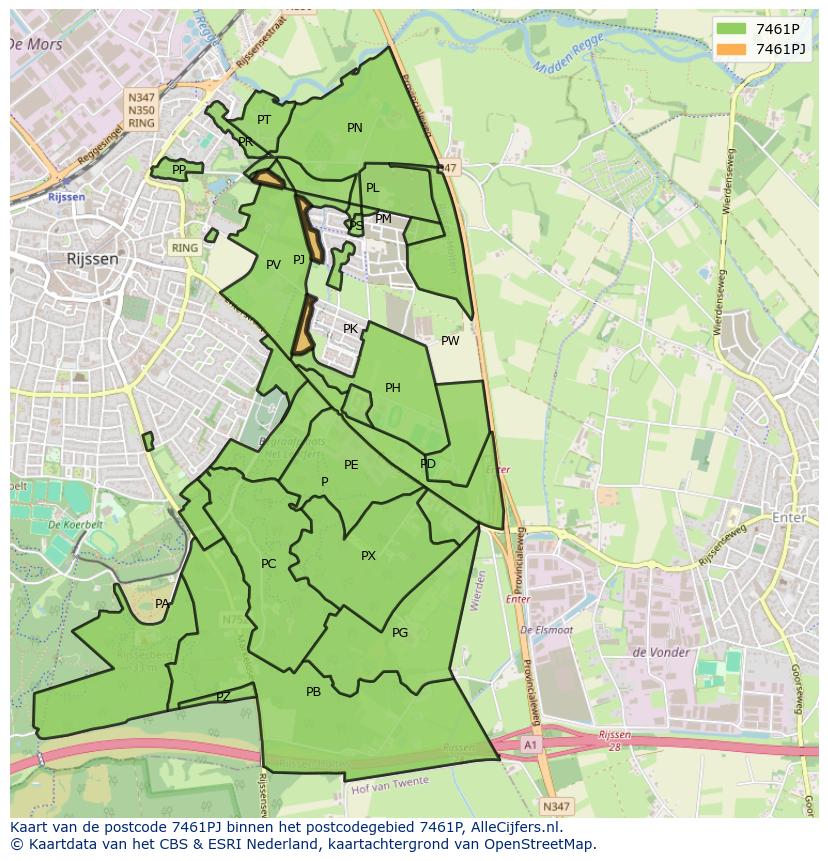 Afbeelding van het postcodegebied 7461 PJ op de kaart.