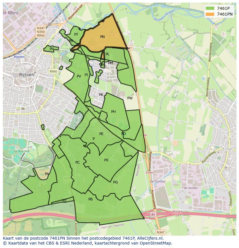 Afbeelding van het postcodegebied 7461 PN op de kaart.
