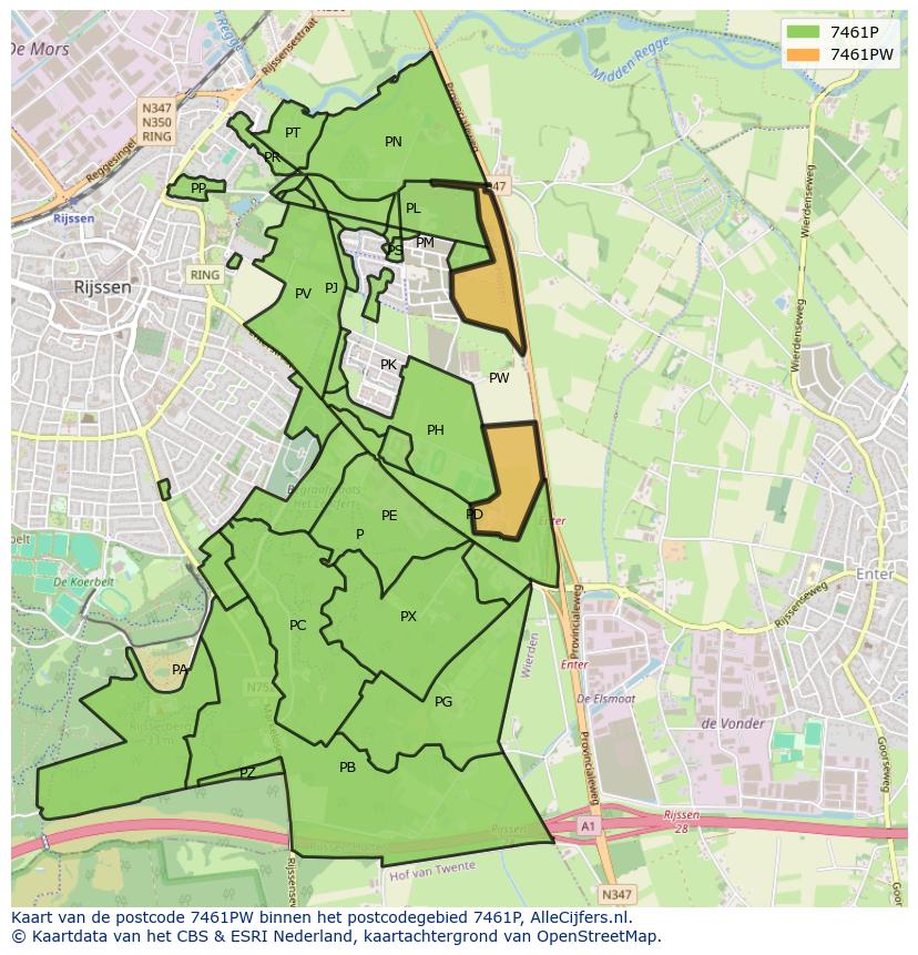 Afbeelding van het postcodegebied 7461 PW op de kaart.