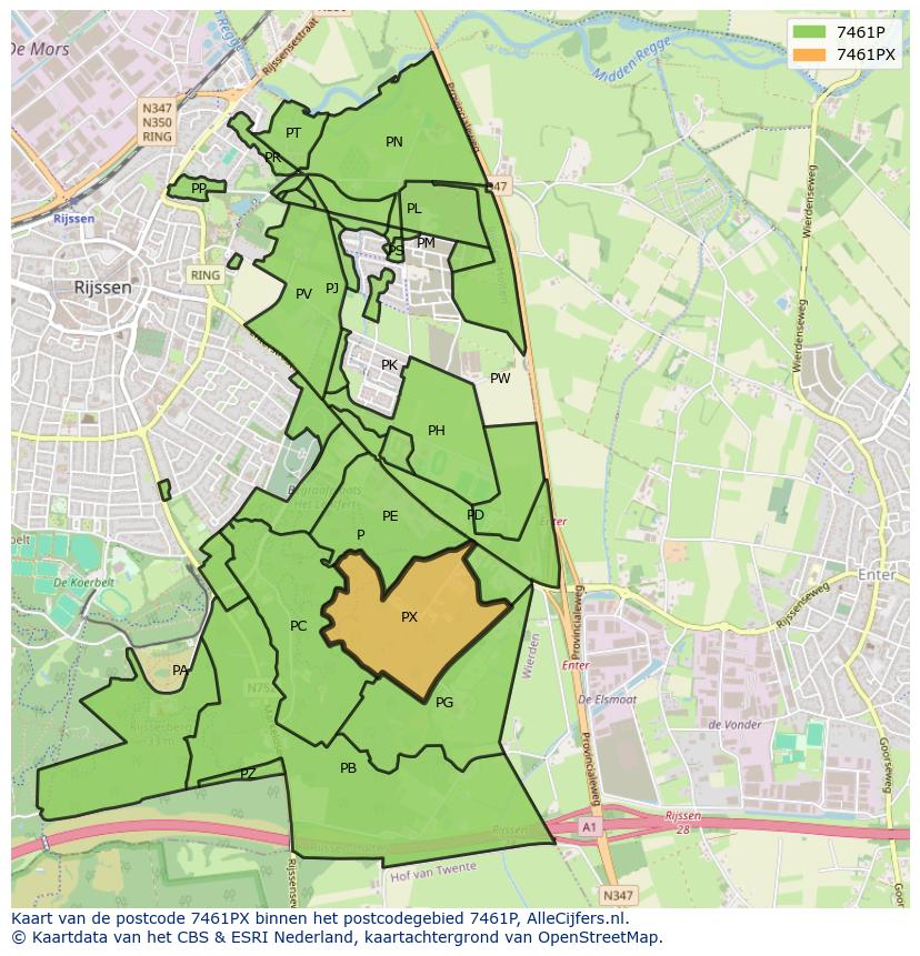 Afbeelding van het postcodegebied 7461 PX op de kaart.