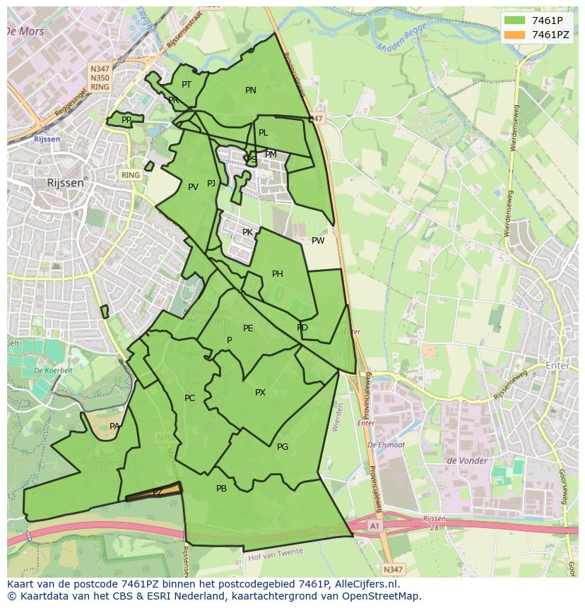 Afbeelding van het postcodegebied 7461 PZ op de kaart.
