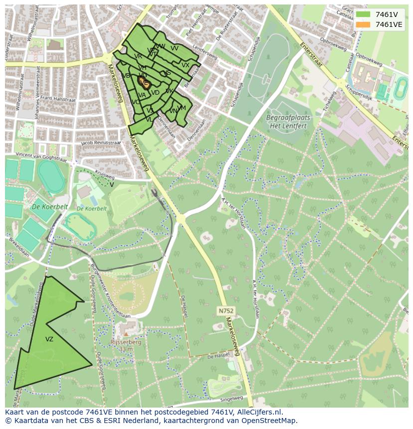 Afbeelding van het postcodegebied 7461 VE op de kaart.