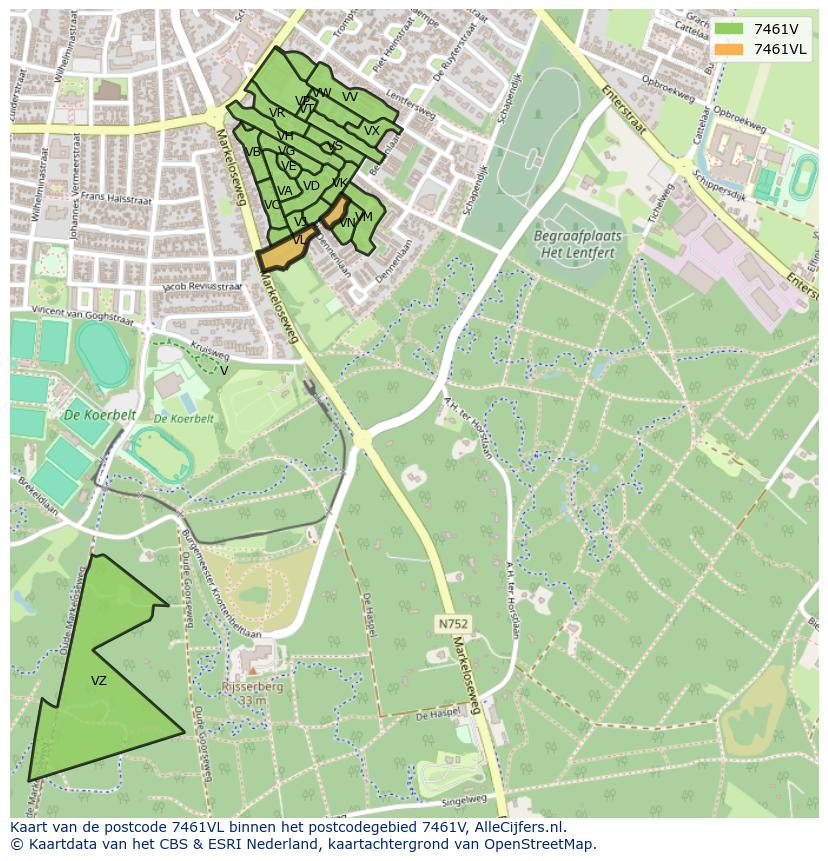 Afbeelding van het postcodegebied 7461 VL op de kaart.
