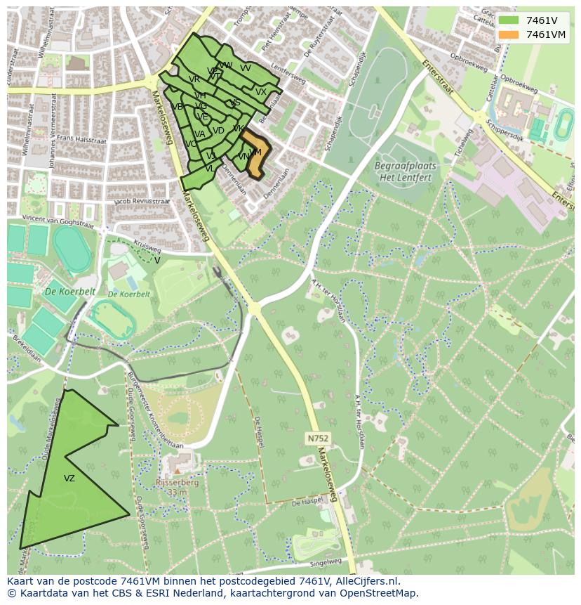 Afbeelding van het postcodegebied 7461 VM op de kaart.