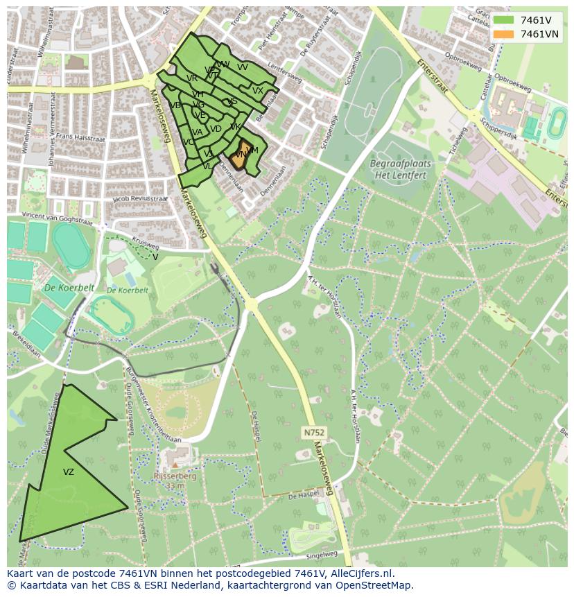 Afbeelding van het postcodegebied 7461 VN op de kaart.