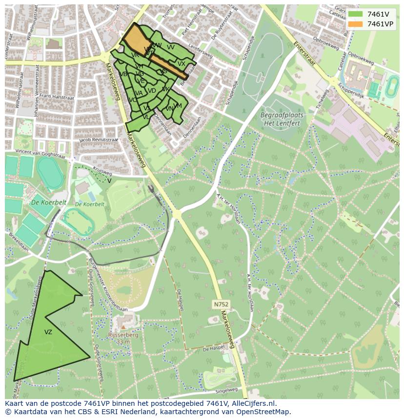 Afbeelding van het postcodegebied 7461 VP op de kaart.