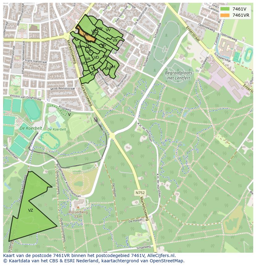 Afbeelding van het postcodegebied 7461 VR op de kaart.