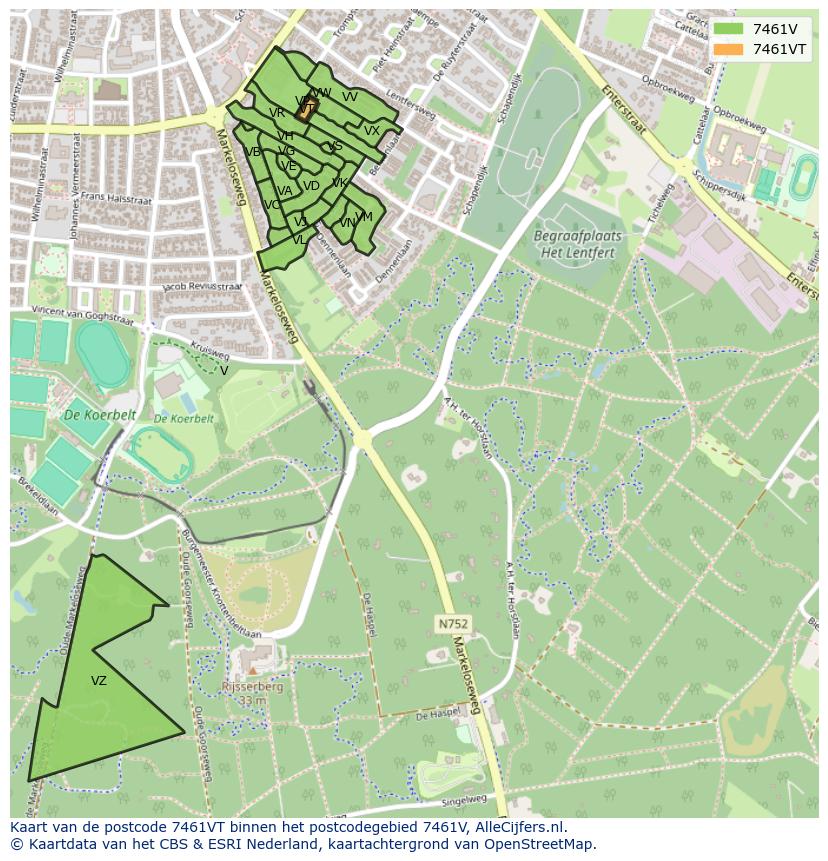 Afbeelding van het postcodegebied 7461 VT op de kaart.