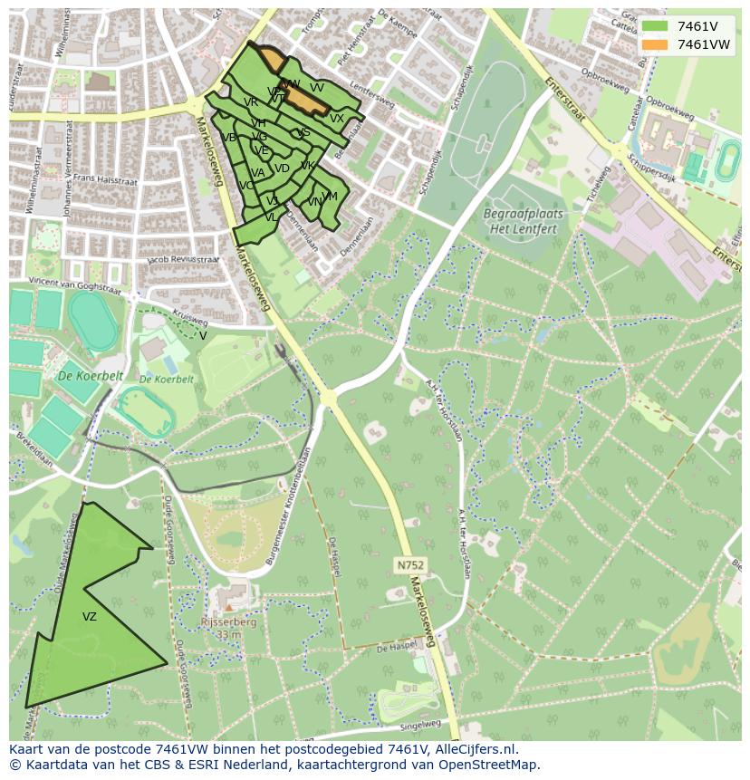 Afbeelding van het postcodegebied 7461 VW op de kaart.