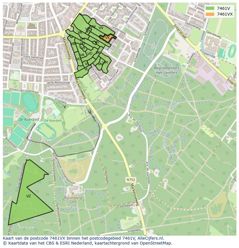 Afbeelding van het postcodegebied 7461 VX op de kaart.