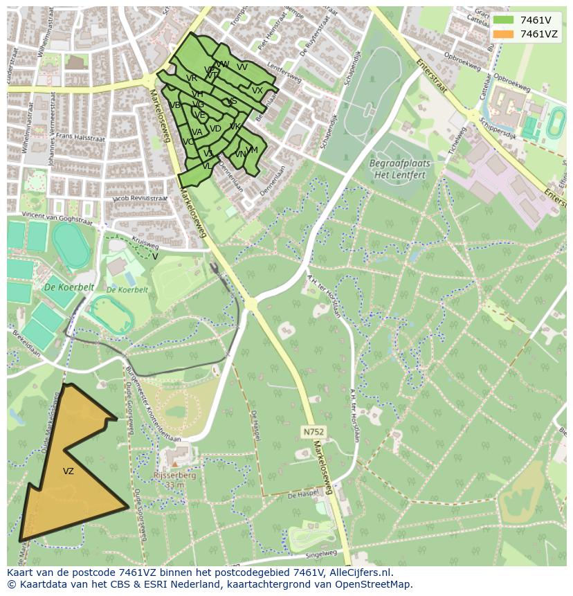 Afbeelding van het postcodegebied 7461 VZ op de kaart.