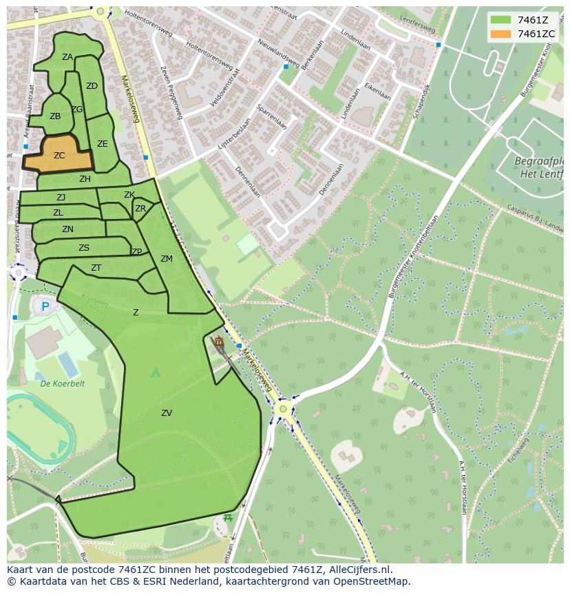 Afbeelding van het postcodegebied 7461 ZC op de kaart.