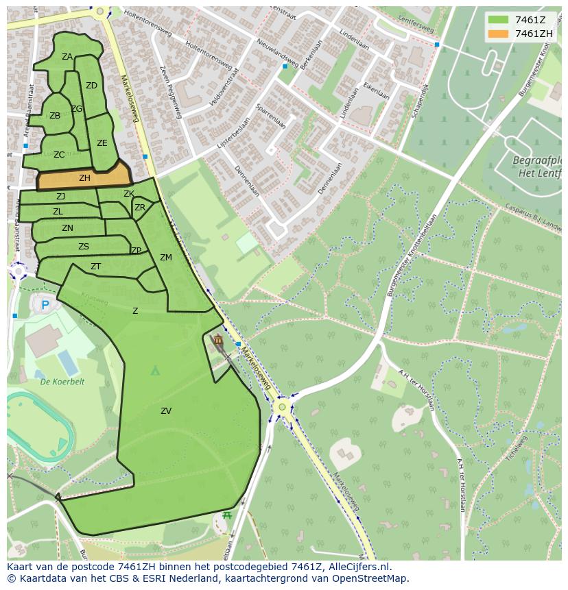 Afbeelding van het postcodegebied 7461 ZH op de kaart.
