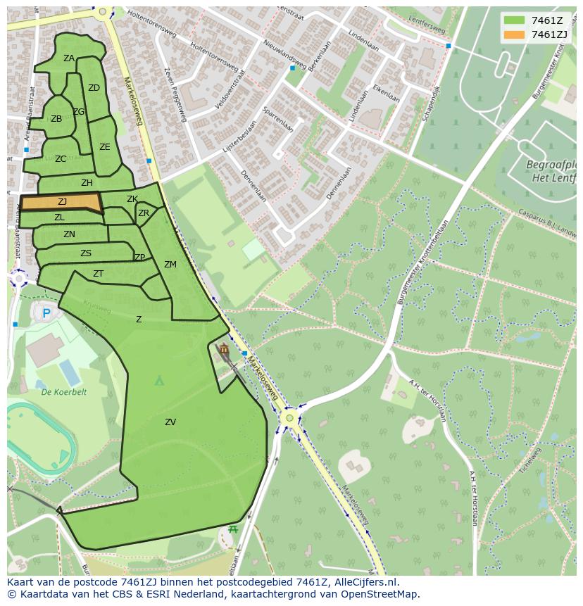 Afbeelding van het postcodegebied 7461 ZJ op de kaart.