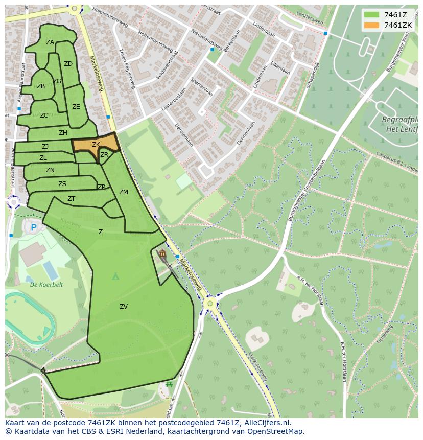 Afbeelding van het postcodegebied 7461 ZK op de kaart.