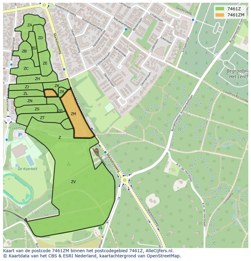Afbeelding van het postcodegebied 7461 ZM op de kaart.
