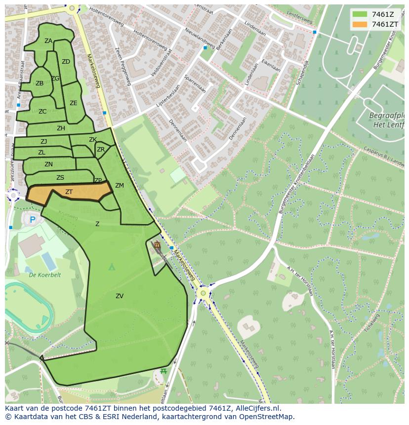 Afbeelding van het postcodegebied 7461 ZT op de kaart.