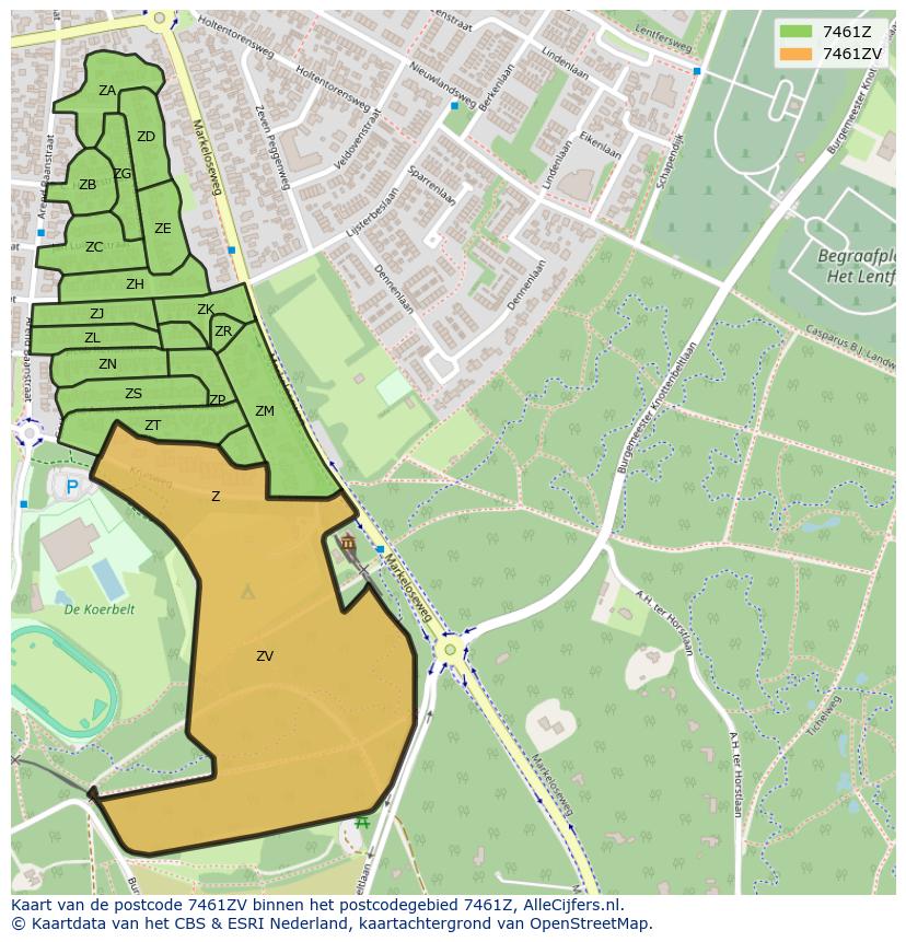 Afbeelding van het postcodegebied 7461 ZV op de kaart.