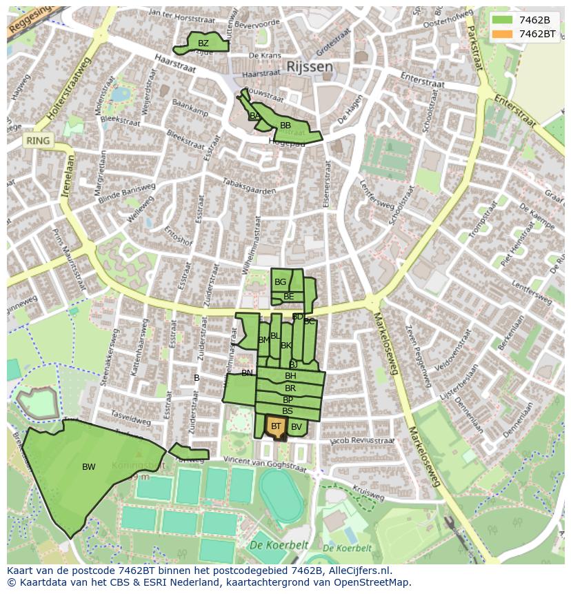 Afbeelding van het postcodegebied 7462 BT op de kaart.