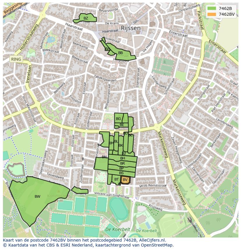 Afbeelding van het postcodegebied 7462 BV op de kaart.