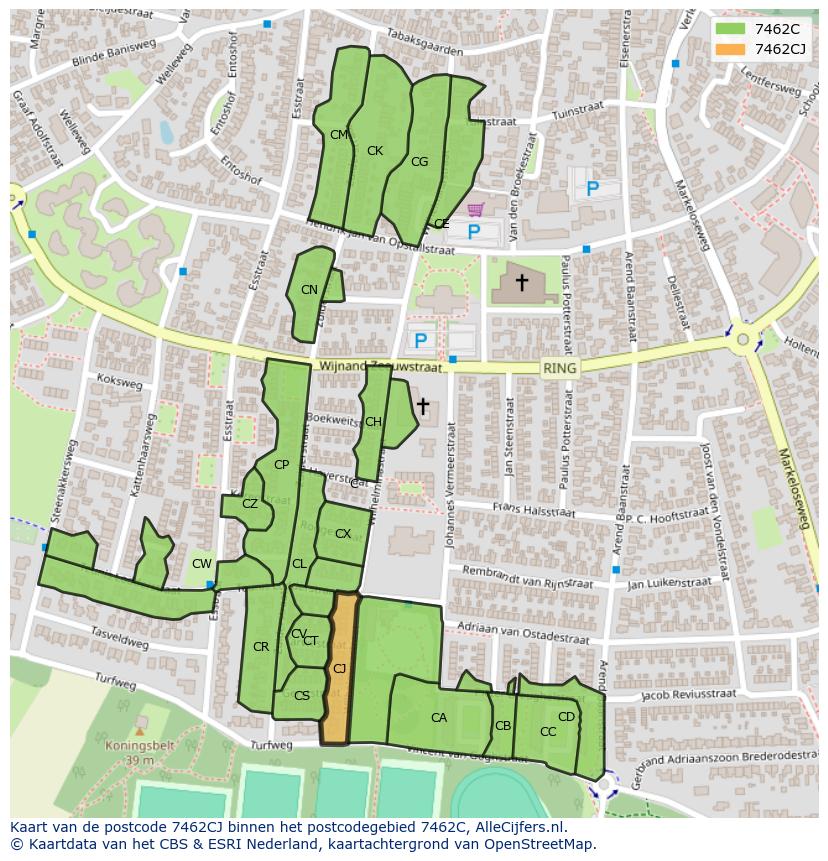 Afbeelding van het postcodegebied 7462 CJ op de kaart.