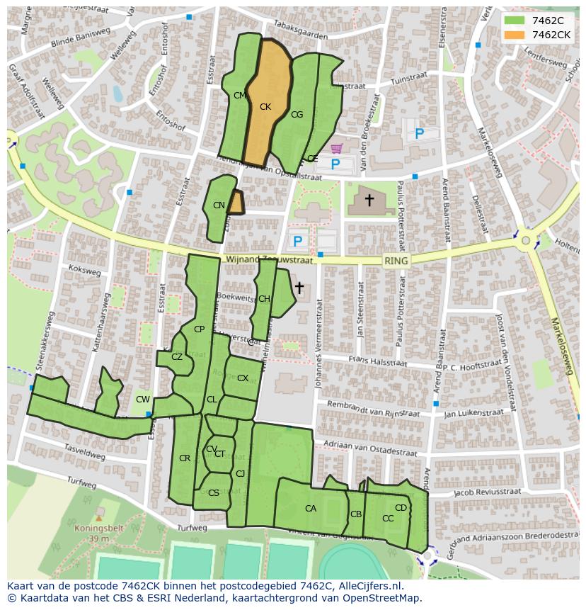 Afbeelding van het postcodegebied 7462 CK op de kaart.