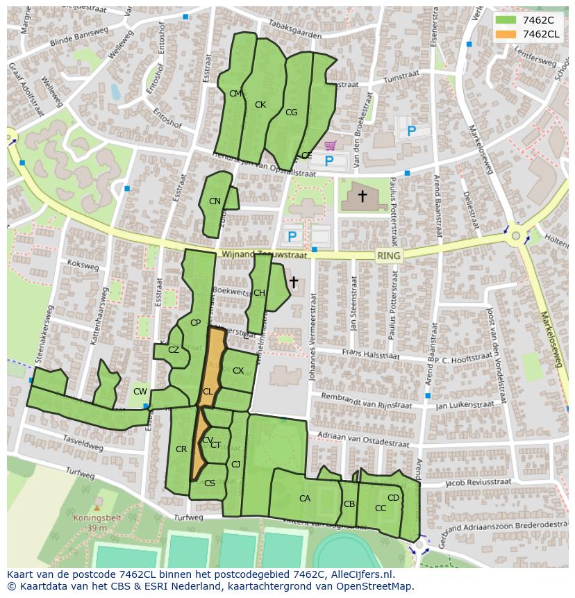 Afbeelding van het postcodegebied 7462 CL op de kaart.