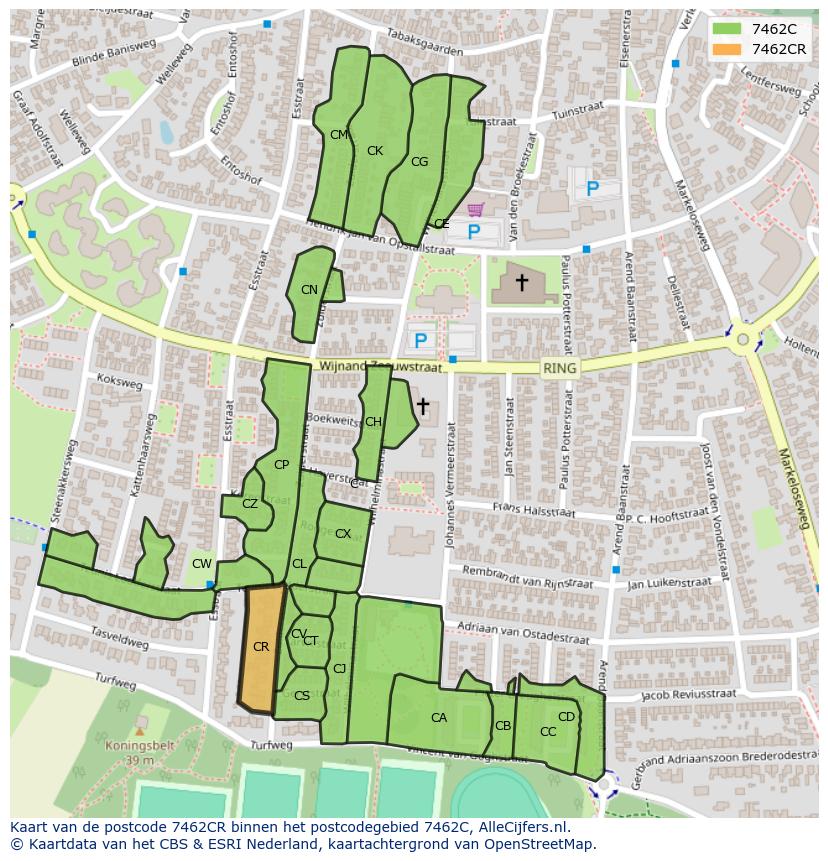 Afbeelding van het postcodegebied 7462 CR op de kaart.
