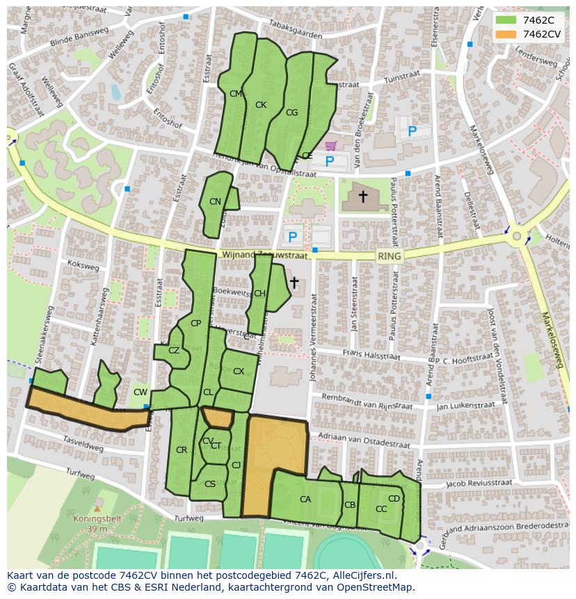 Afbeelding van het postcodegebied 7462 CV op de kaart.